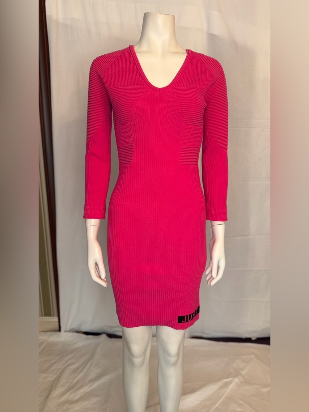 Just Cavalli Fuchsia Ribbed V-Neck Long Sleeve Bodycon Dress